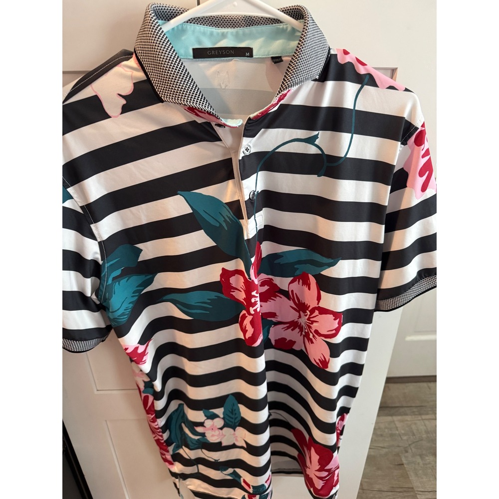 Greyson Mens‎ Golf Polo Shirt Medium Black White Striped Floral Butterfly Wolf